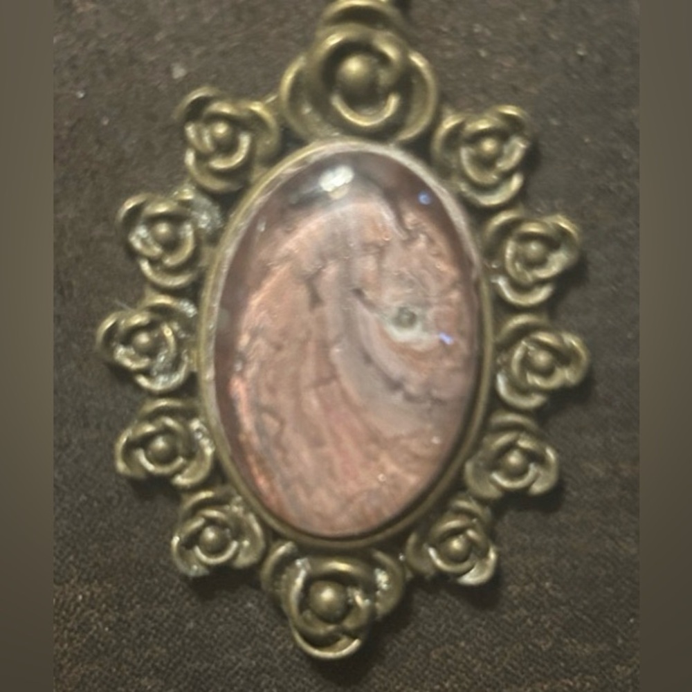 Hand-Crafted Shimmery Pink Marbled Rose Copper Frame Pendant, EUC